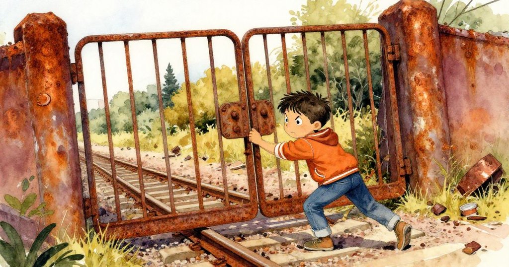 Marcus用肩推生鏽鐵門,鐵屑散落於廢軌上,神情堅毅而緊張,動態畫面表現挑戰與努力。