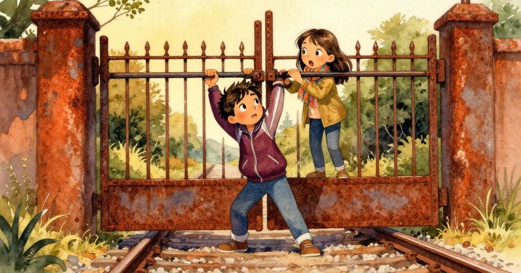 Marcus用鐵棒支撐倒塌鐵門,Lina小心扶著門邊,夕陽下合作默契,背景呈現歷史感老軌道。