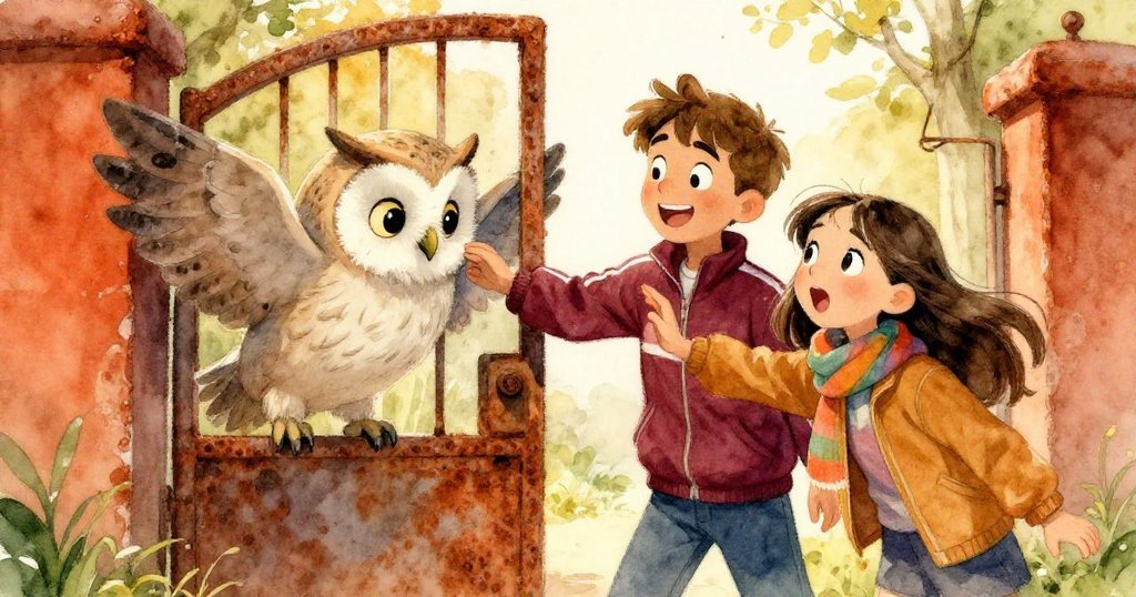 蒼白貓頭鷹從鐵門後飛出,輕刷Lina袖子,Marcus與Lina驚喜相視笑,動感塵埃襯托快樂冒險。