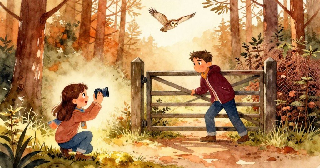 Lina蹲下拍攝光影中苔蘚,Marcus輕推鐵門靠在灌木上,遠處貓頭鷹飛向松林,畫面溫暖續寫冒險。