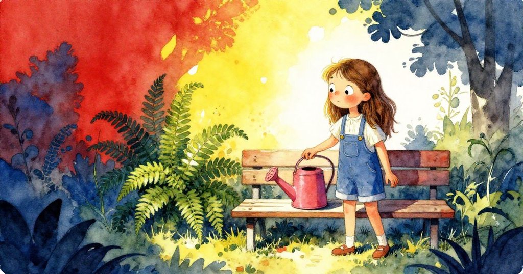 Nora在庭園長椅上小心平衡澆水壺,背景有低垂蕨葉和明暗對比,神情專注。