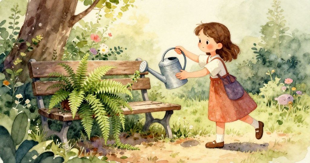 Nora仔細解開澆水壺金屬把手,旁有鏽跡鏟子和靴子,專注而期待後續發展。