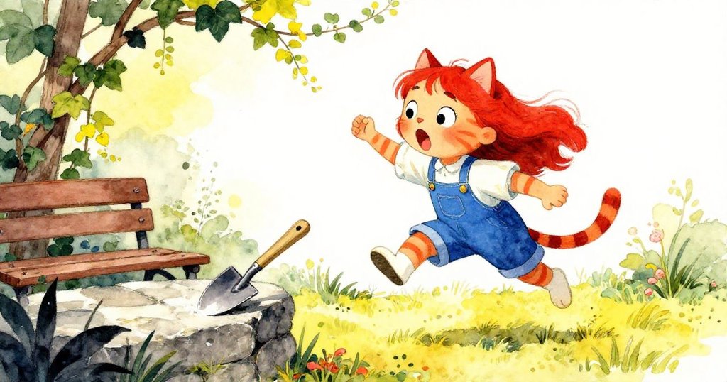 花紋貓在庭園長椅旁被掉落鏟子驚動衝向藤蔓籬笆,動作迅速且充滿驚訝神情。