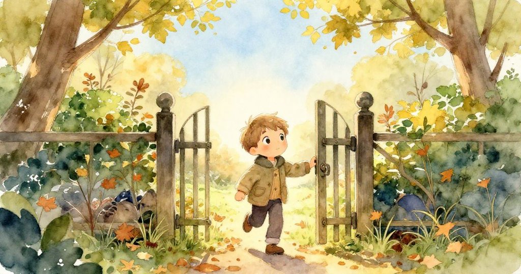 Jonas 踏入寧靜花園，透過半掩小門迎接晨光，腳踩落葉，心中充滿好奇與期待。