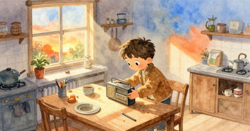 從上方俯瞰，Jonas在溫馨廚房中專注修理收音機，柔和陽光灑落桌面，充滿溫情與活力。