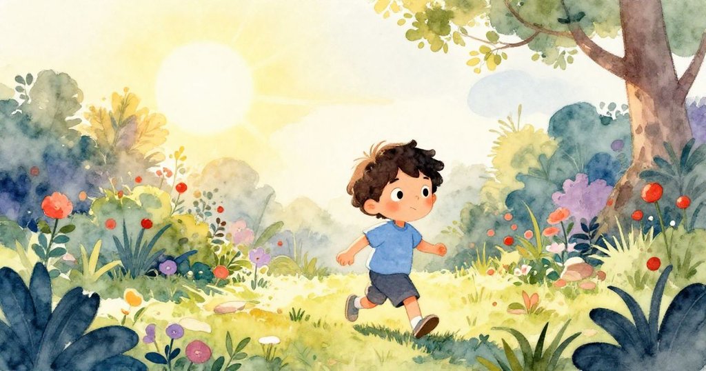 米羅背著小包走進花園，晨光溫暖灑在綠葉上，展現期待與愉悅的清新早晨場景