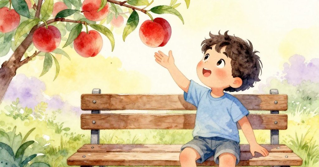 米羅伸手抓住樹枝上那顆鮮紅熟透的桃子，臉上充滿期待與活力，背景是溫馨的戶外木凳與綠葉