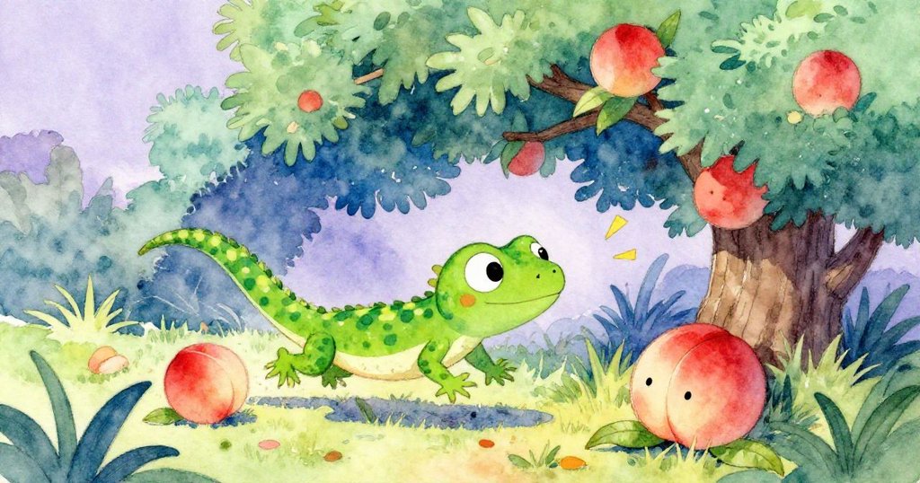 小蜥蜴從搖動中的灌木中急衝而出，眼含驚訝，背景呈現落下的桃子和活潑的草地細節