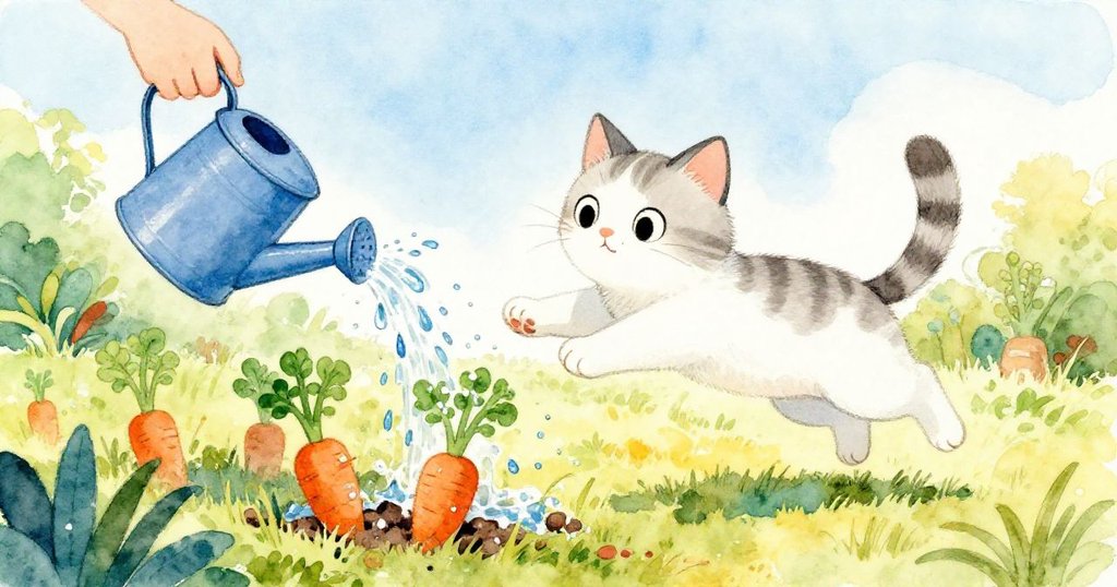 鄰居的貓跳躍追逐蜥蜴，不慎撞上傾倒的澆水壺，水流急速衝向新種下的胡蘿蔔，展現庭園中活潑瞬間