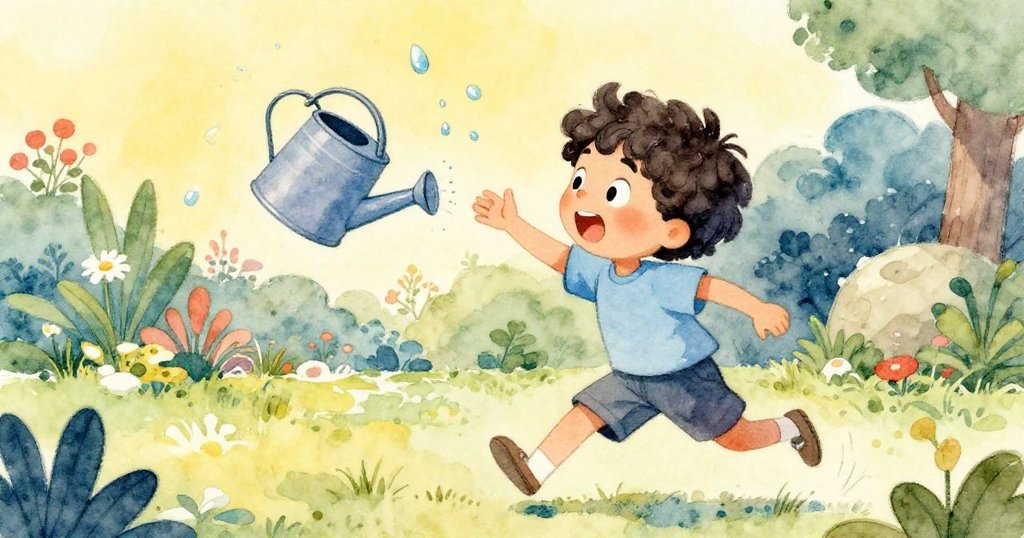 米羅迅速奔跑抓住正傾倒的澆水壺，臉上既急切又鬆一口氣，動態畫面展現水滴飛散的緊張一刻