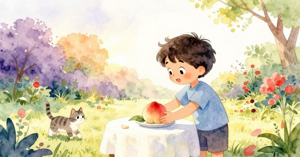 米羅擦乾雙手後將鮮亮的桃子輕放於庭院桌上，臉上展現平靜安心，貓悠然穿梭在樹葉間，結束冒險的一刻