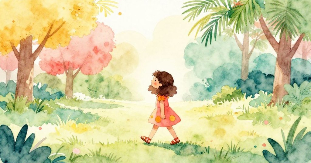 米拉在陽光下走過公園,剪影中展現出她快樂前行,背景有搖曳的樹木和青草,充滿溫暖氣息。