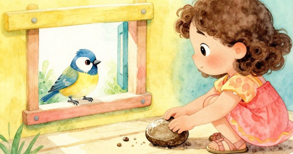 米拉細心用平石輕敲堅硬的種子,手部細節清晰,小鳥聚精會神觀察,透過長椅縫隙呈現自然細節。