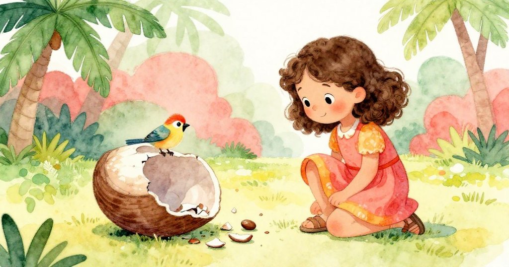 從高處俯視公園,展現米拉側坐時堅硬種子破裂,小鳥撿拾碎片並獲得額外種子,場景生動充滿自然色彩。