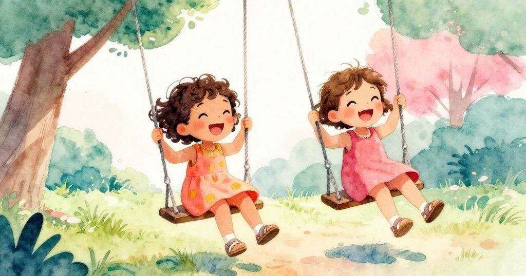 公園裡兩個孩子在盪鞦韆快樂嬉戲,笑容滿面動感洋溢,米拉在背景靜觀,整體氣氛充滿慶祝與溫馨。