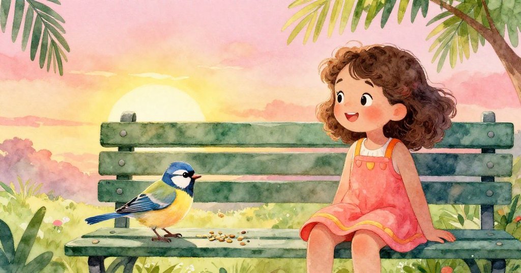 夕陽下長椅旁,米拉看著小鳥享用種子餘留,溫暖金色光影籠罩公園,畫面充滿寧靜與喜悅。