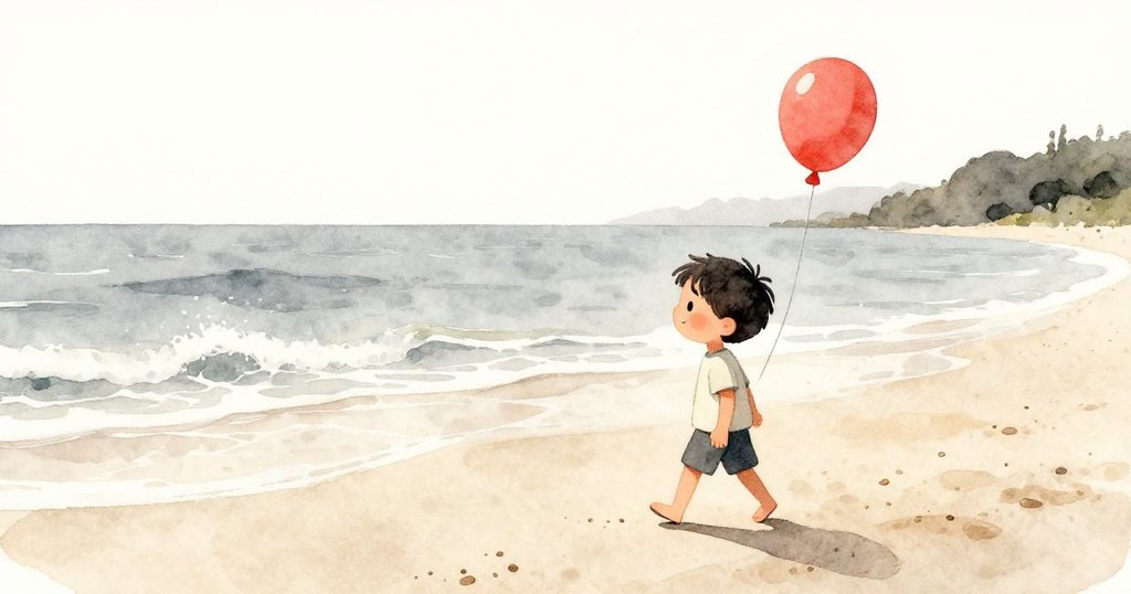 米洛在晨光中走在濕沙上，手牽黃氣球，臉上透露出愉悅與期待，背景有海浪和溫暖日出。