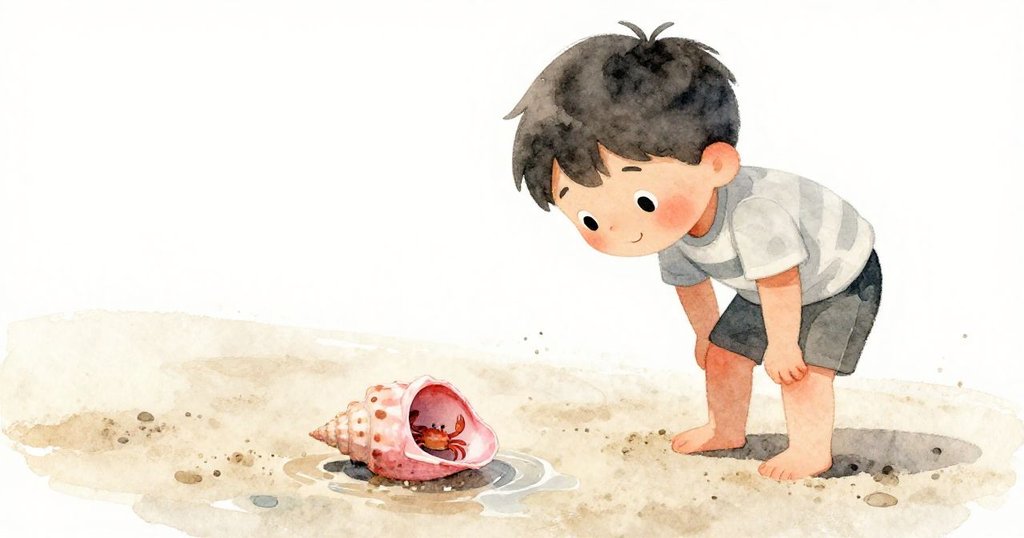 米洛彎腰仔細看著濕沙上粉嫩的貝殼，一隻小螃蟹正用鉗子抓住貝殼，背景呈現柔和自然光線。