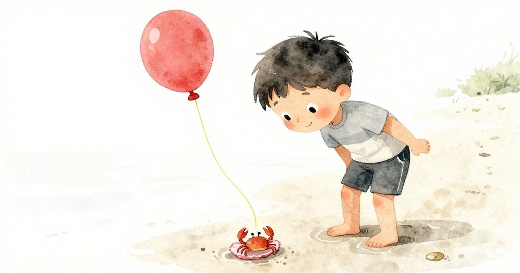 米洛彎下身子凝視著貝殼，氣球線輕觸著小螃蟹，傾斜角度呈現動感與神秘，美麗沙灘背景。