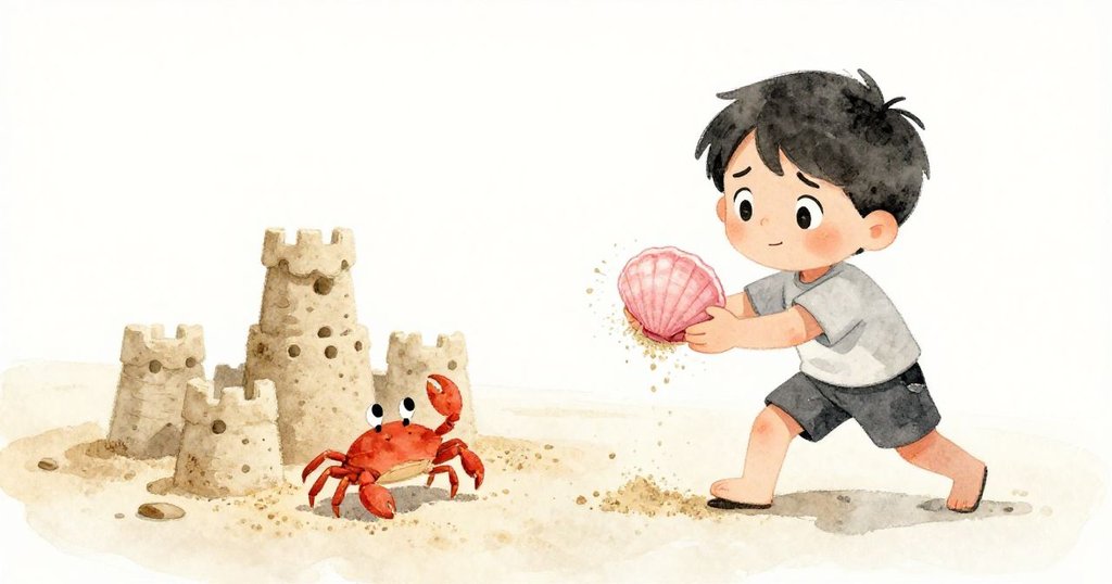 米洛神情驚訝專注舉起貝殼，手上沾滿沙粒，螃蟹急奔向遠處沙堡，瞬間動態緊張，背景呈現遊戲沙堡。