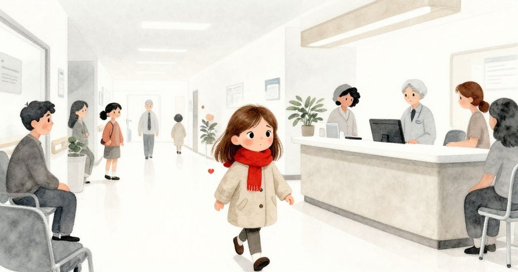 露西穿著淡米色外套及紅色圍巾,在明亮醫院大廳中穿過忙碌的人群,神情堅定啟動故事旅程。