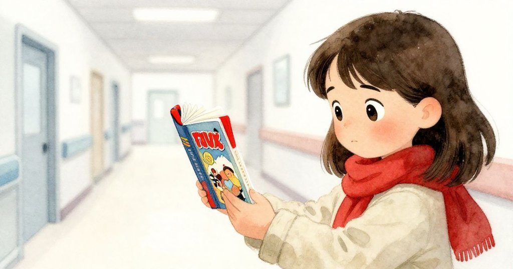 露西專注地握著鮮豔漫畫書,漫畫細節突出象徵意義,背景隱約呈現溫暖醫院走廊情景。