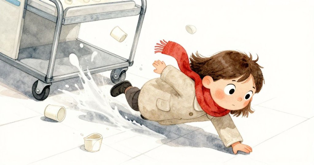 漫畫書從露西手中滑落,以傾斜視角展現疾行動作,在金屬推車下碰撞出水花與紙杯,情景活潑混亂。