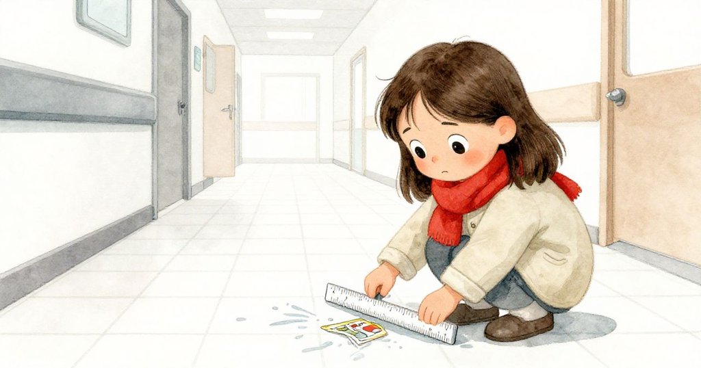 露西彎腰用塑料尺從散落中撥回漫畫書,醫院走廊光影微變,水流間隱喻時光流逝情境。