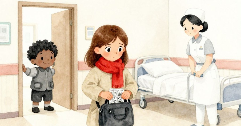 露西與本在走廊門口溫馨相遇,露西將漫畫書收好,旁有穿制服護士推著病床,互動情誼溫暖流露。