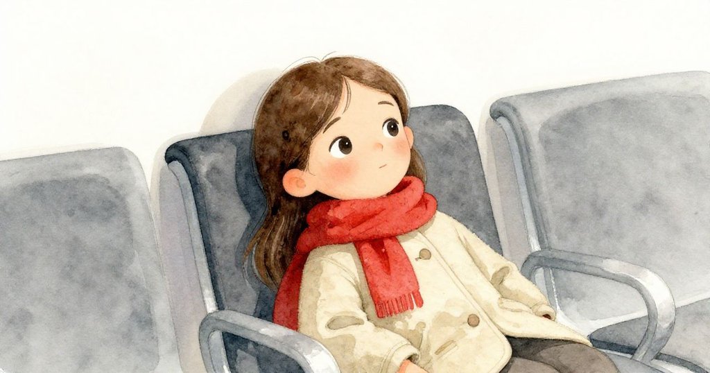 經歷冒險後,露西在醫院候診區安坐休憩,神情平靜反思夜晚事件,環境柔和寧靜。