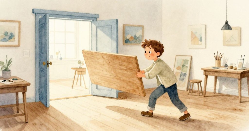 Luke 在寬敞的工作室中努力推動木板,背後的入口透出溫暖陽光,臉上流露專注與期待情緒