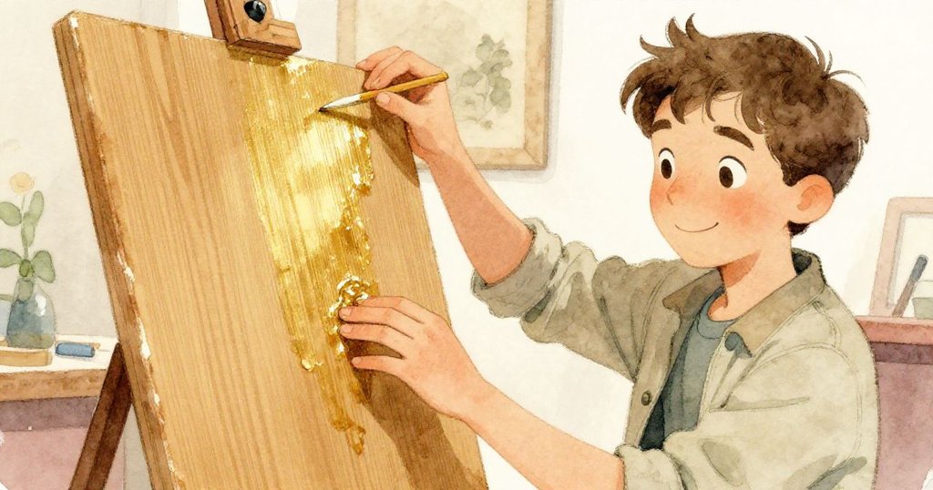 Luke 小心翼翼觸碰著閃耀的木板細節,陽光灑落在木紋上,背景隱約呈現溫馨工作室與松木氣息