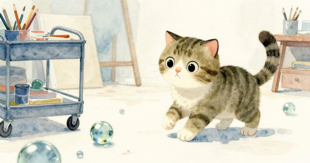 貓咪好奇注視著工作室內金屬車和滾動的玻璃彈珠,耳朵平貼,充滿驚訝與緊張的情緒