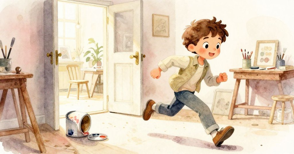 在明亮陽光灑落的工作室中,漆桶正急速向門口滾動,Luke 追趕著物品,場景充滿緊張與戲劇張力