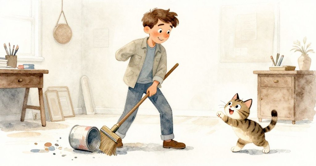 Luke 與貓咪在穩定混亂後分享慶祝時刻,Luke 正用掃把擋住漆桶,貓咪露出愉悅與感激的表情