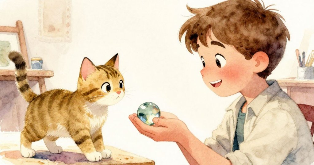 Luke 輕輕將閃耀的玻璃彈珠遞向貓咪,貓咪好奇伸手接近,場景溫馨且帶著落幕的靜謐感