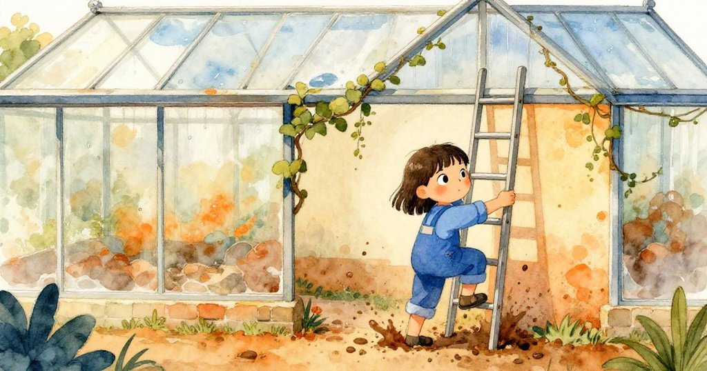 Mira 穿藍色工作服，在溫室前擺梯子，泥濘四散，老藤和滴水玻璃背景中展現出堅定與期待，環境充滿歷史氛圍。