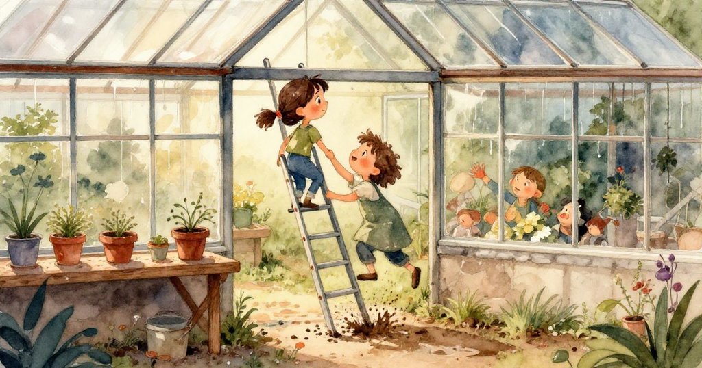 Mira 伸手用細棒輕撥老排水溝，上面覆蓋橙色苔蘚，顯示出歲月痕跡，她表情認真，背景簡潔突出歷史感。