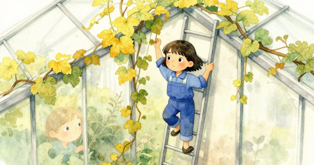 從高角度看，Mira 爬上梯子，膝觸老藤，表情專注且略帶緊張，溫室牆邊陽光溫暖，突顯她的勇氣與細膩動作。