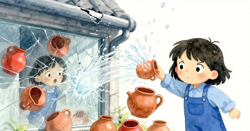 Mira 驚訝地看著水流從破玻璃飛濺，撞擊陶盆引發連鎖反應，畫面中動態水花與陶盆呈現緊張戲劇感。