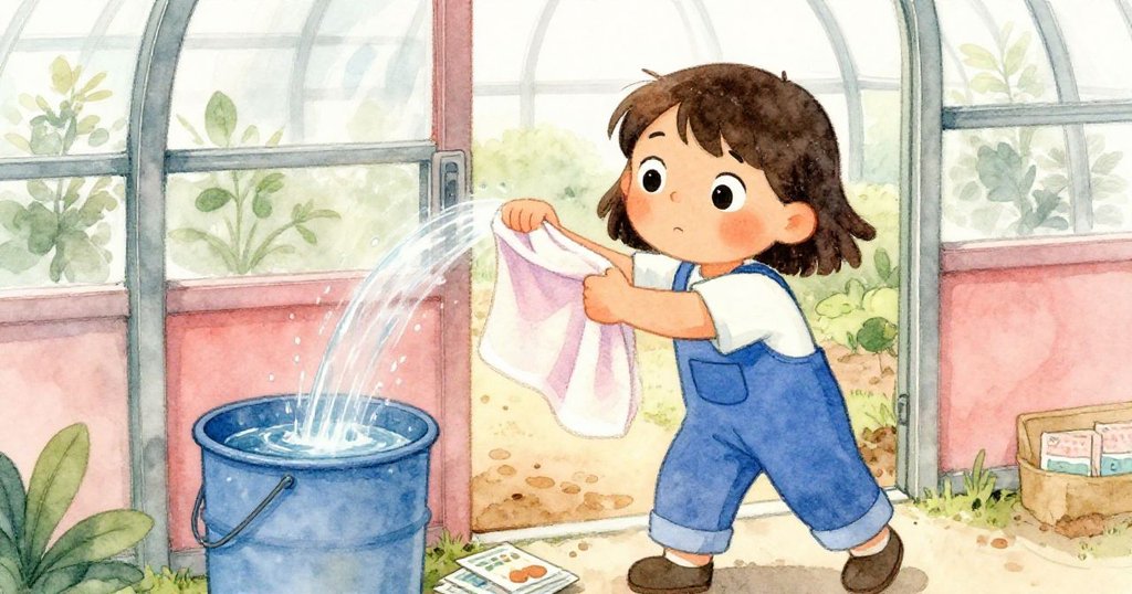 Mira 快速用舊毛巾封堵湧入的水流，保護門口的種子包，表情堅毅且充滿創意，現場充滿緊迫感與希望。