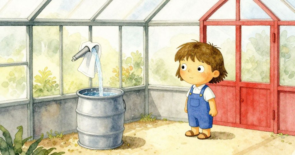 Mira 安靜站在溫室內，注視毛巾引導的水流進入塑料桶，環境和諧溫暖，展現出問題解決後的滿足與希望。