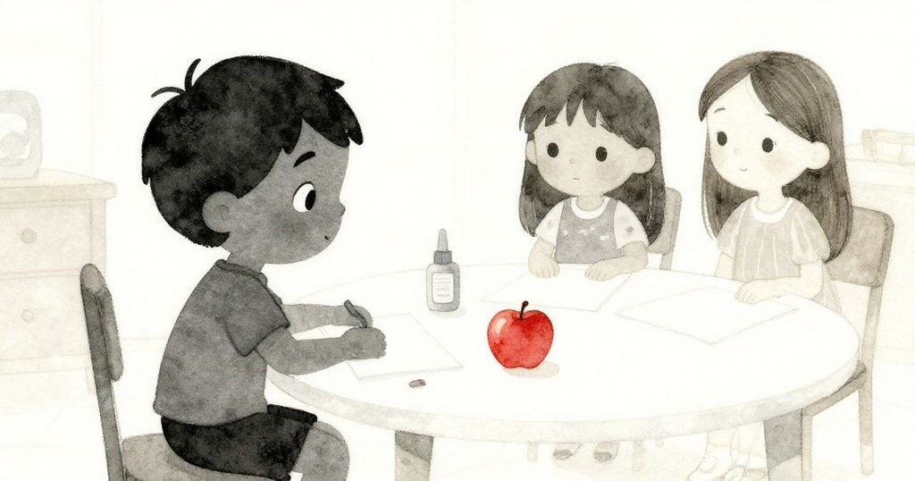 班坐在充滿自然光的房間內,剪影中展現專注神情,莉娜靜靜在旁關注,桌上擺有紙張、膠水與半個蘋果。