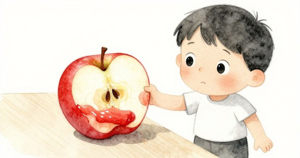 班專注地用手拿著沾滿紅色顏料的蘋果,細膩展現創作細節,桌上紙張與顏料容器映襯出溫馨實驗氛圍。