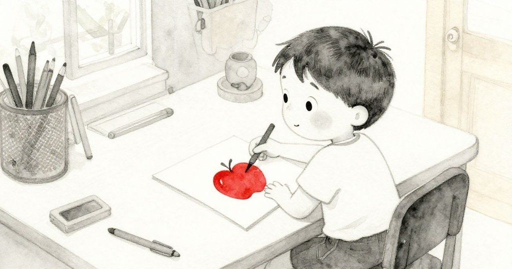 從上方俯瞰班的創作桌,映出稍雜亂的卡片紅印,班神情中透露著輕微失落與探索好奇,環境溫馨靜謐。