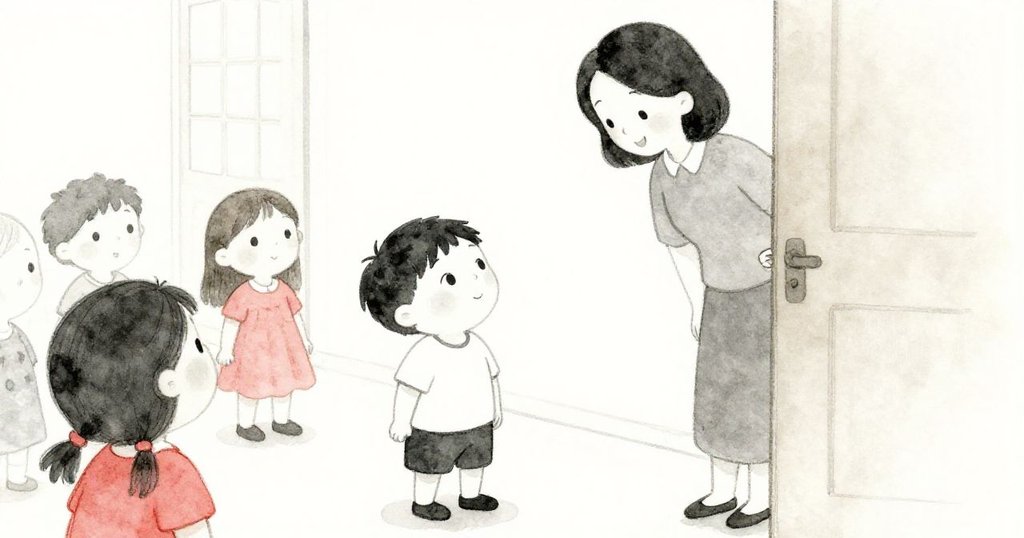 媽媽從室內門口走出,輕聲講故事,班與莉娜專注傾聽,在溫暖家居背景中洋溢家庭和諧氣氛。