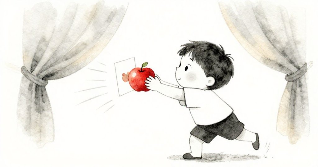 班迅速按壓蘋果,窗簾在微風中輕舞,畫面動感十足,展現他再次嘗試創造清晰紅印的活力與興奮情緒。