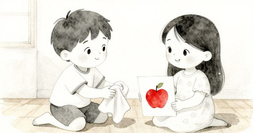 莉娜溫柔地遞來乾布,班滿臉喜悅製作完美蘋果印,卡片整齊陳列,家中充滿溫馨親情和成就感。