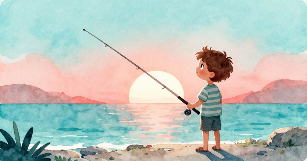 Milo在大海邊的港口舉起釣竿,身影在朝陽映照下顯得期待與興奮,展現冒險開始的氣息。