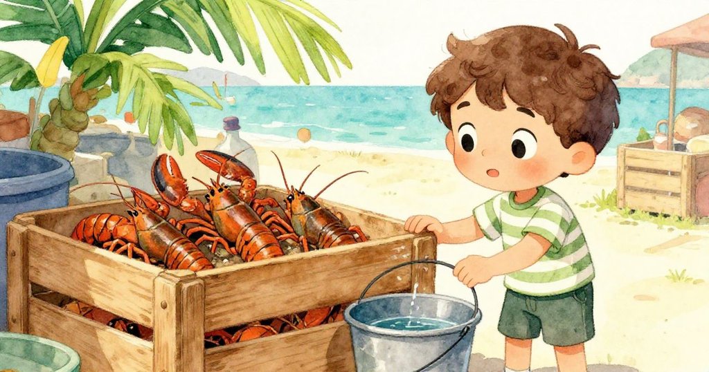 Milo靠近潮濕碼頭邊的木箱,細心檢查裡頭的龍蝦與水桶,臉上流露出濃厚好奇心,展現故事發展。